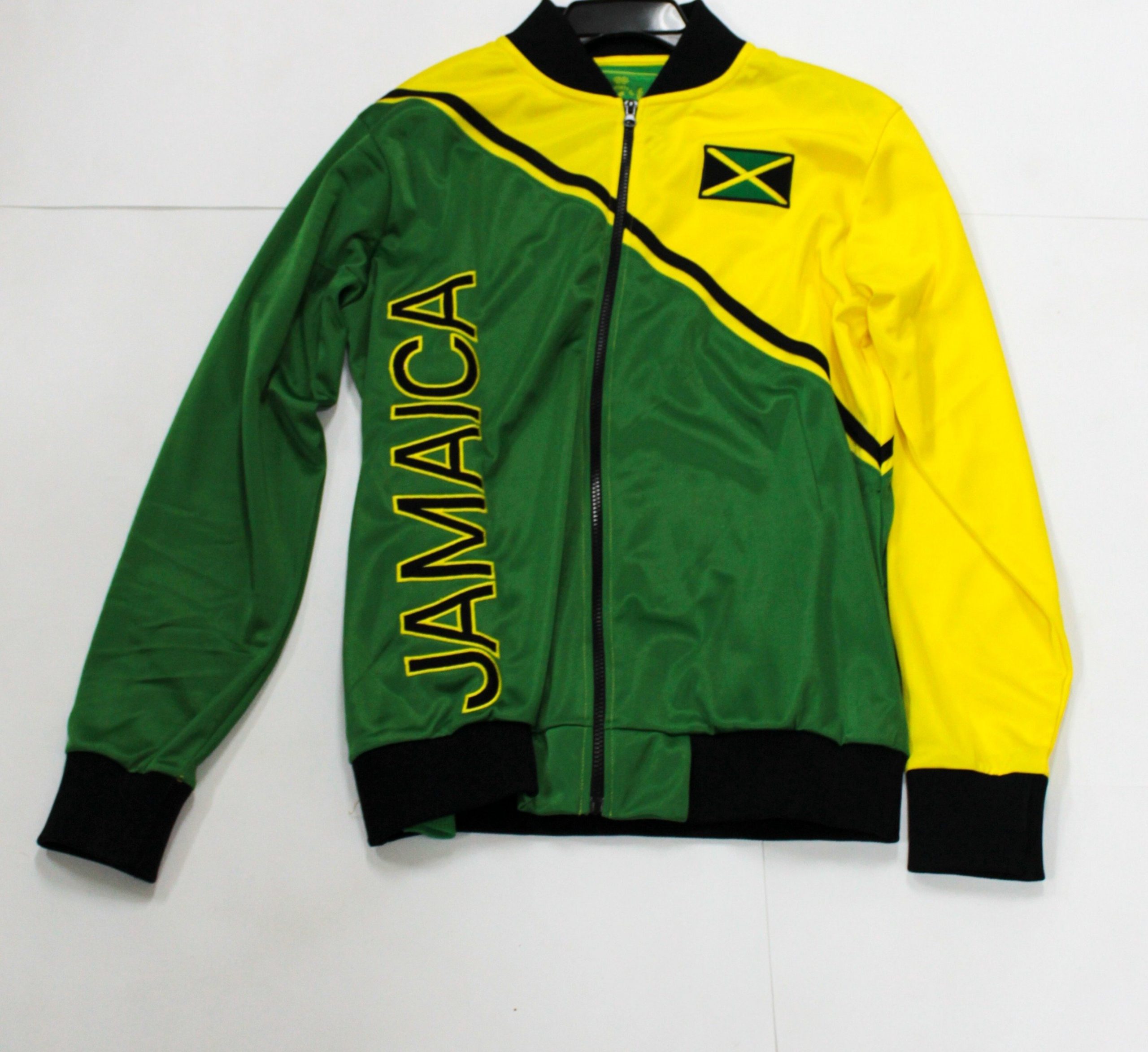 Black, Green and Yellow Unisex - L Jamaica Pround Power Authentic Jamaican Long Sleeved Reggae Zip-Up Jacket 